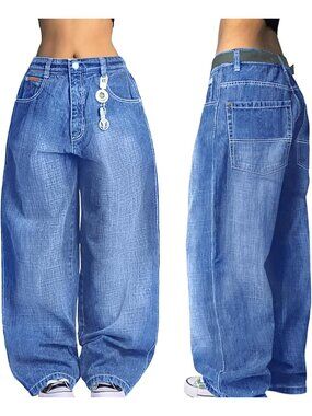 Women Light Blue Denim Pant Y2k Pull On Wide Leg Waisted Mid Rise Baggy Jeans